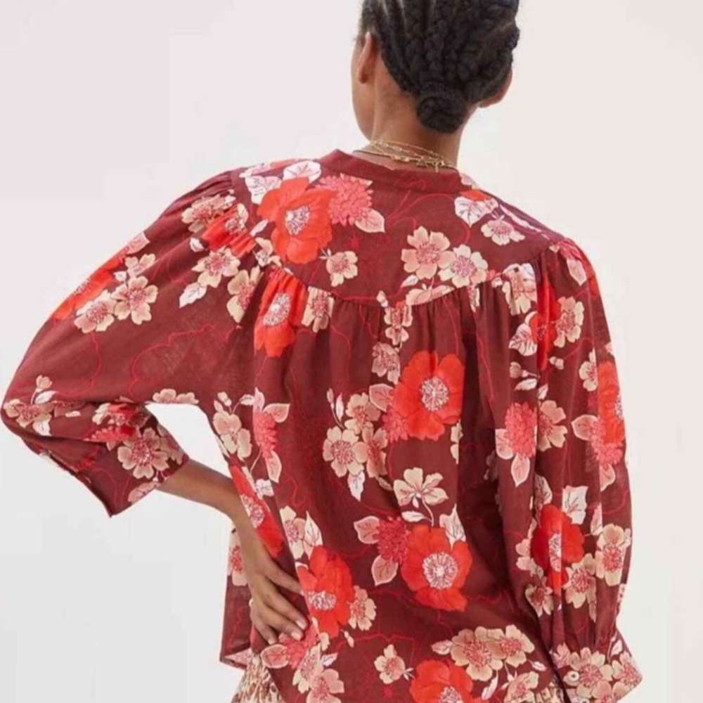 Anthropologie “Porridge”  Floral puff sleeve button down blouse